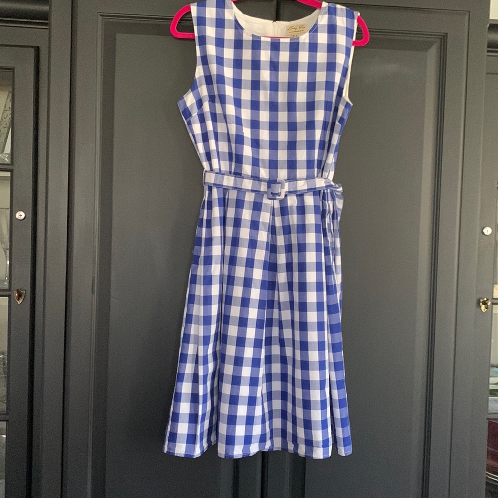 Retro blue and white checker pattern cotton dress with a belt Size L